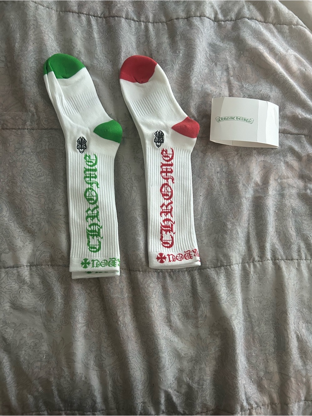 Chrome Hearts White Crew Socks with Red and Green Accents
